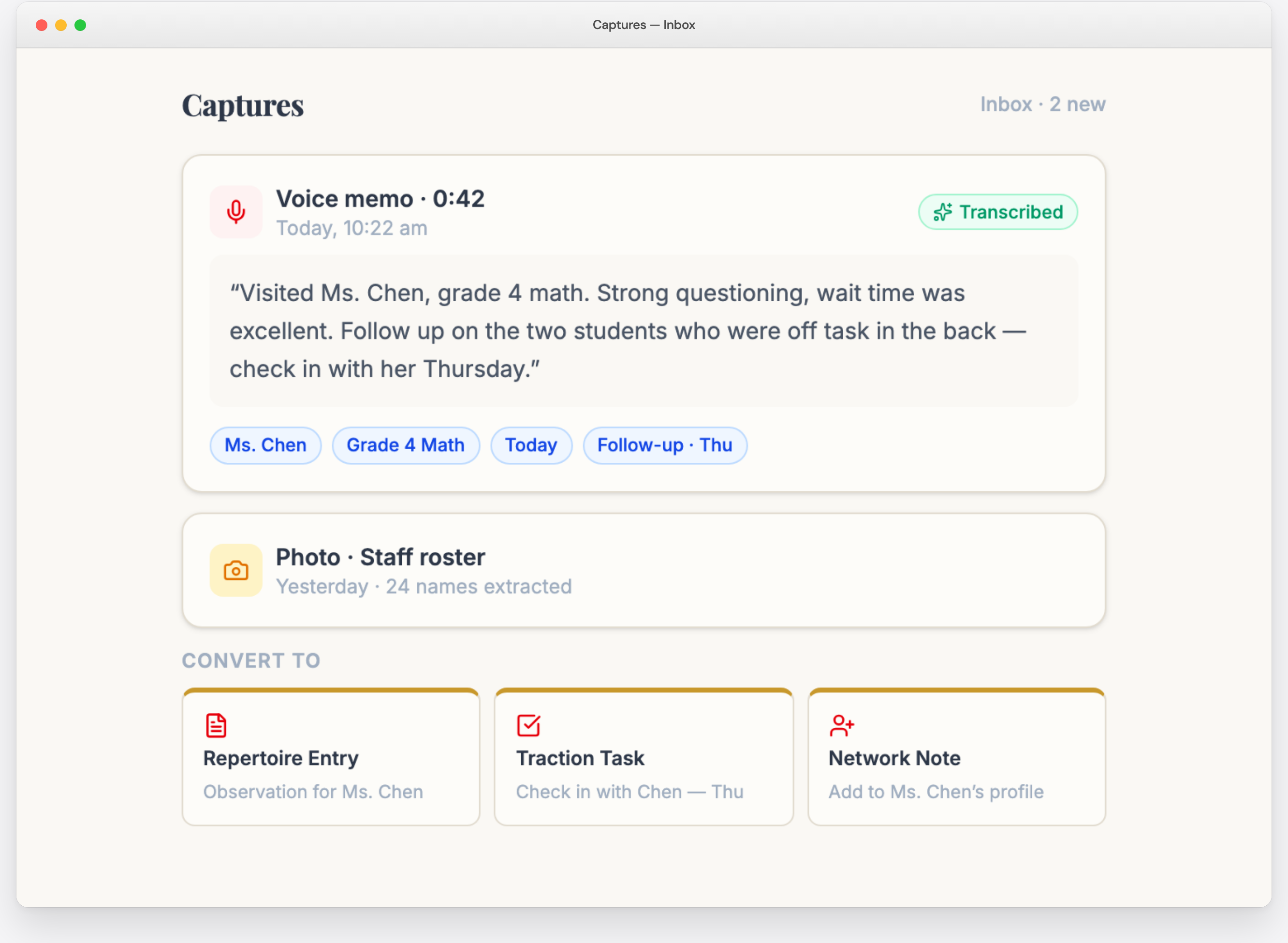 Captures — turn a voice memo into a Repertoire entry, task, or contact
