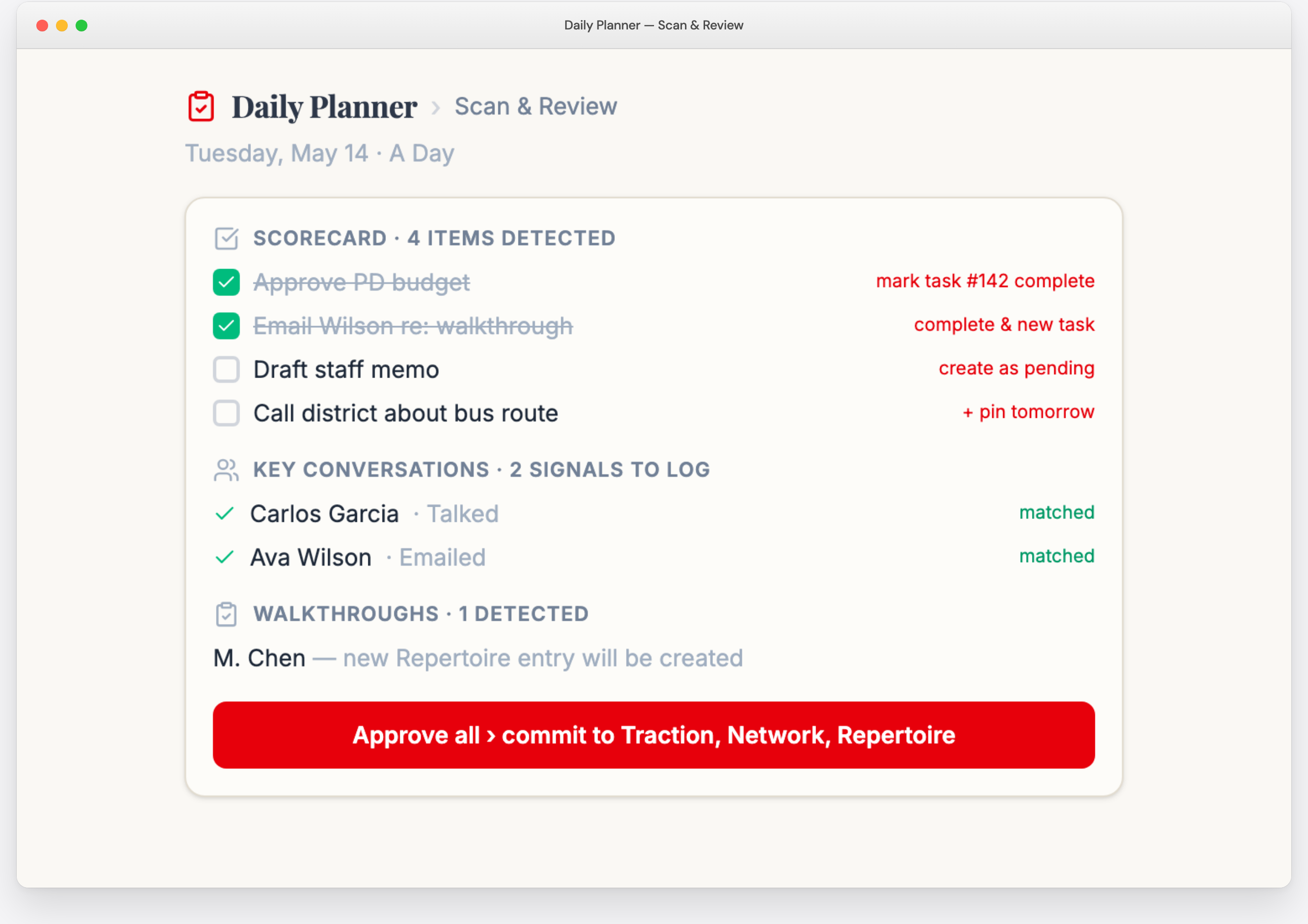 Daily Planner — scan your paper page; commit tasks, conversations, and walkthroughs
