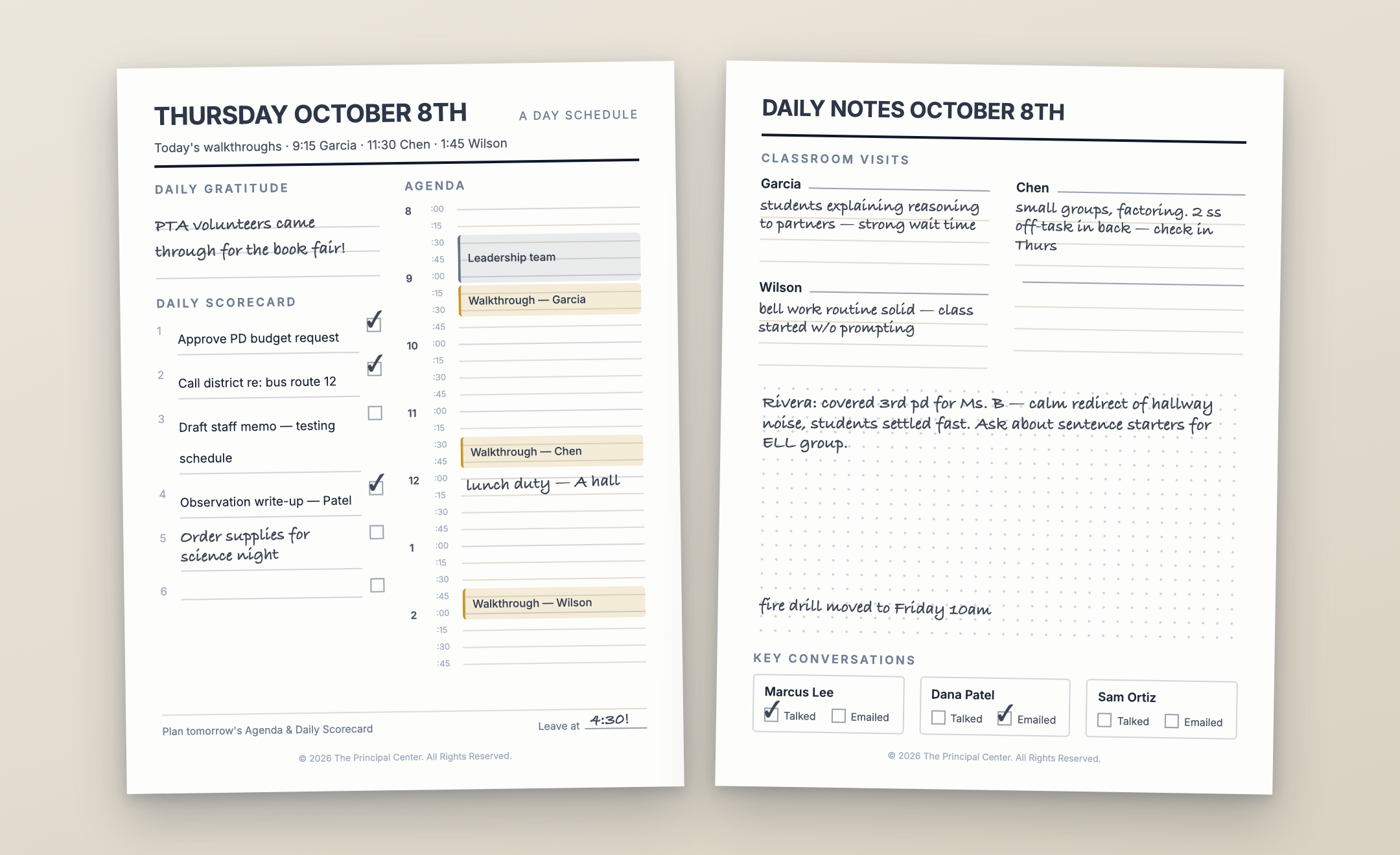 A printed Daily Planner spread marked up by hand — pre-filled tasks and walkthrough schedule on the left page, handwritten classroom visit notes on the right