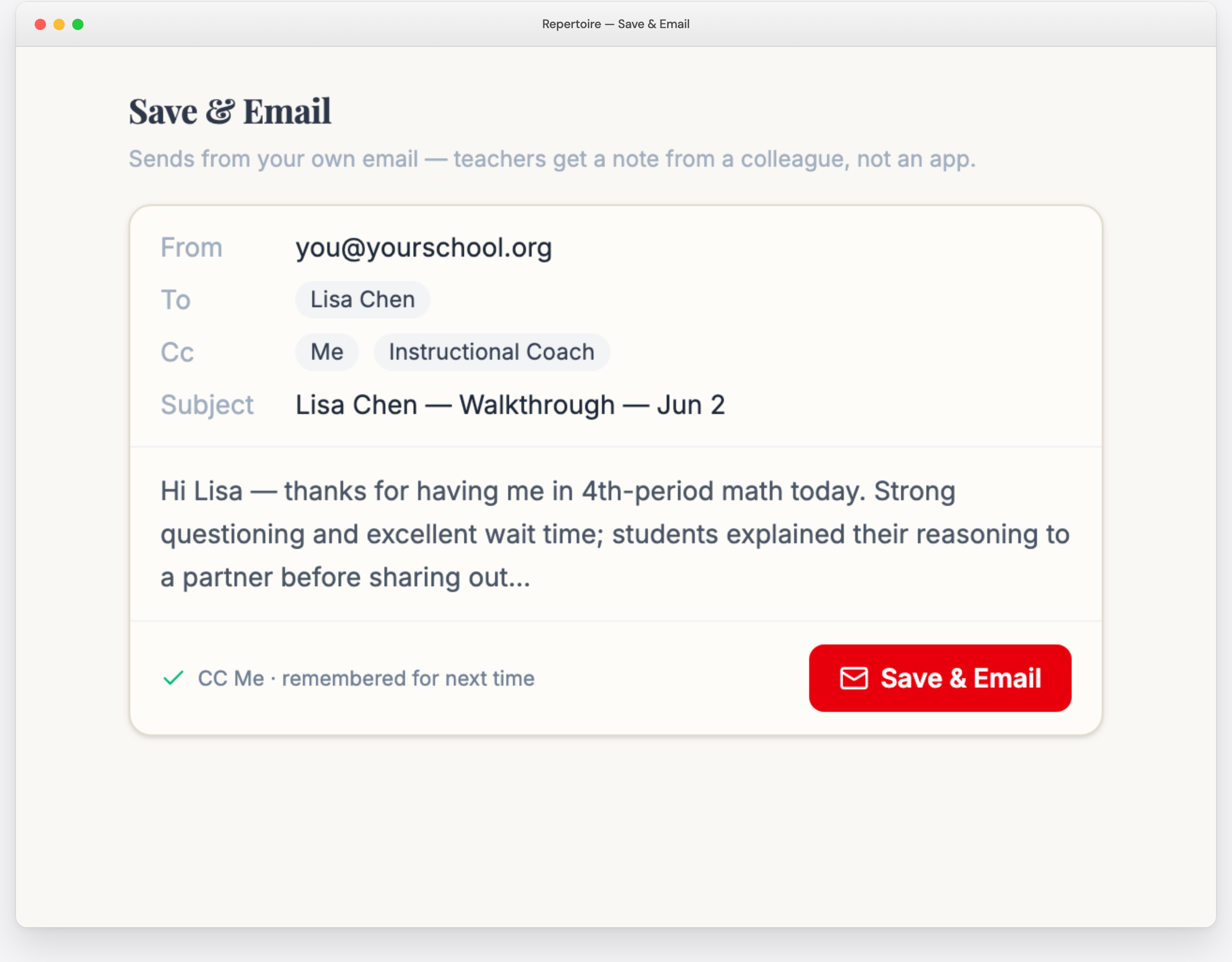 Save & Email — a feedback note addressed to the teacher from your own email address, with CC to yourself and your coach
