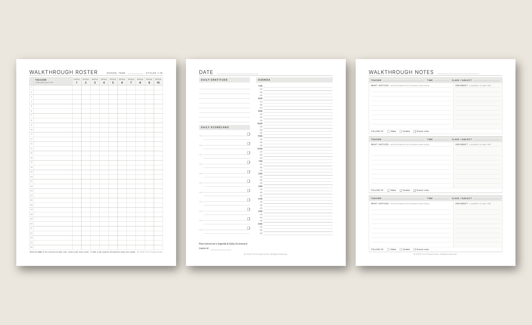 Pages from the Classroom Walkthrough Planner: Walkthrough Roster, Daily Plan, and Walkthrough Notes